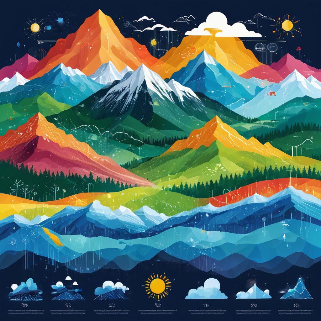 An artistically designed infographic featuring a dynamic weather map overlaying diverse landscapes like mountains, forests, and cities, with icons representing different weather phenomena such as rain, sunshine, and storms. The map is filled with vibrant data visualizations showing temperature and precipitation trends, emphasizing the importance of climate data. Include people engaging with the data on digital devices, showcasing accessibility and impact. colorful vector art. engaging layout.