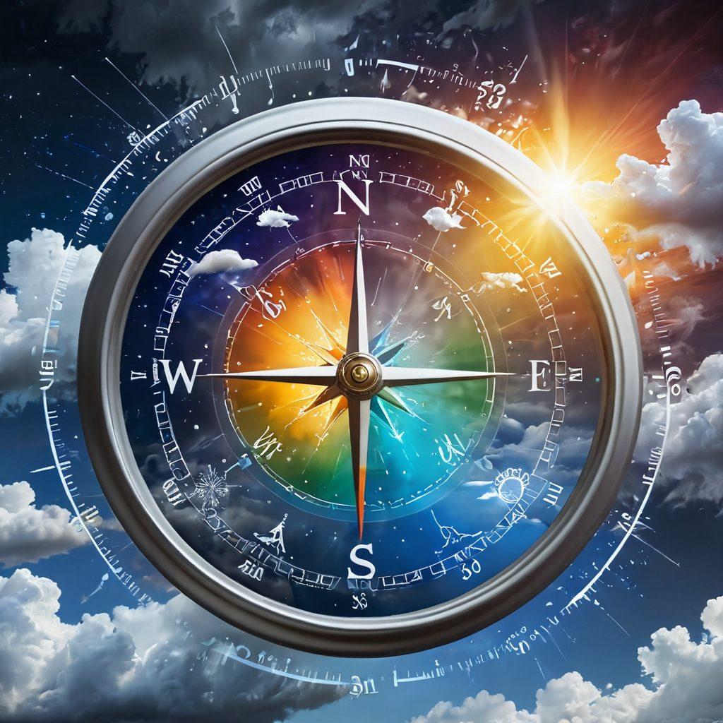 A creative visualization combining various weather elements like clouds, rain, sun, and snow swirling around a compass, illustrating the concept of navigating through weather data. Include a diverse range of symbols representing sensors and climate data charts seamlessly integrated into the elements. The background should feature a gradient sky transitioning from night to day, enhancing the theme of time and change. super-realistic. vibrant colors. 3D.
