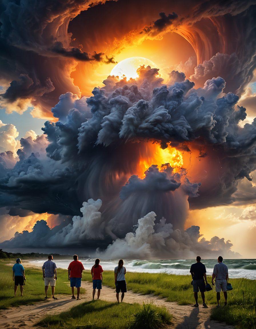 A dynamic scene depicting the contrast between a powerful hurricane and a blazing heatwave, with swirling clouds on one side and shimmering, sun-soaked land on the other. Include a diverse group of people observing and discussing meteorological phenomena, with engaging visuals like weather maps and statistics floating around them. Bright colors for the heatwave and dramatic dark tones for the hurricane, conveying excitement and urgency. super-realistic. vibrant colors. atmospheric.